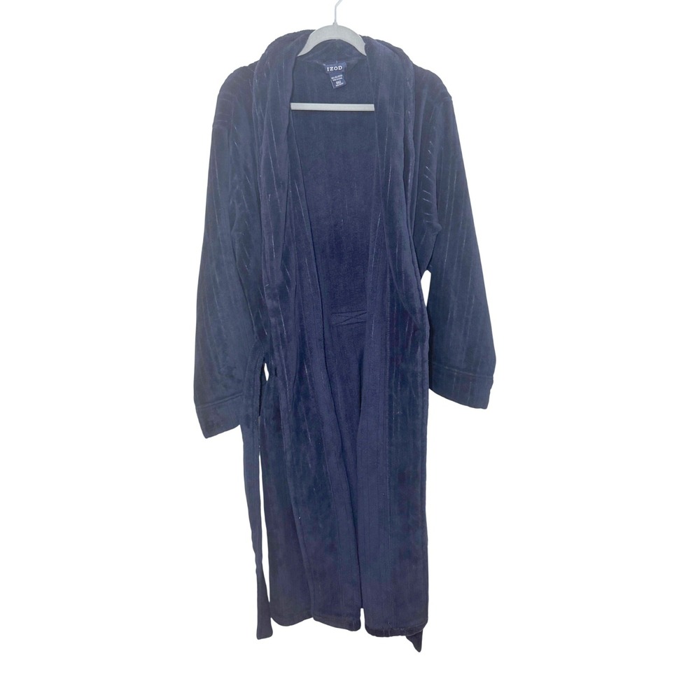 IZOD Mens Navy Blue Fleece Robe OSZ Shawl Collar Plush Striped Bathrobe Pockets